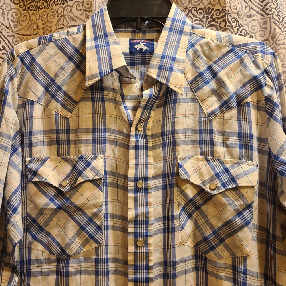 Vtg Chute 1 Western Shirt Men L Blue Plaid Pearl Snap Vintage Long Sleeve Cowboy - Picture 2 of 8